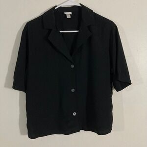 A New Day Button Down Shirt Womens XS Black Excellent Rayon Short Sleeve NOTCHED